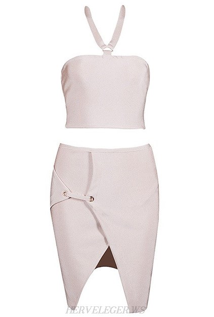 Herve Leger Nude Halter Strappy Slit Two Piece Dress