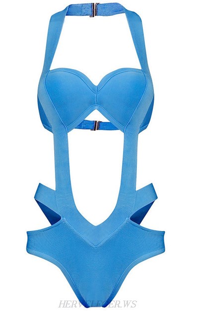 Herve Leger Blue Halter Trikini Swimsuit