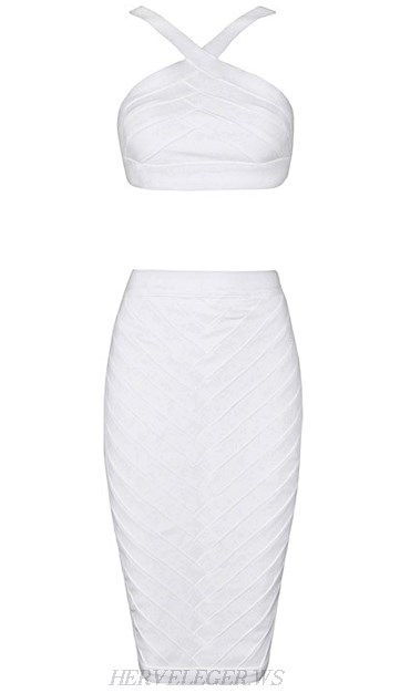 Herve Leger White Halter Two Piece Dress Set