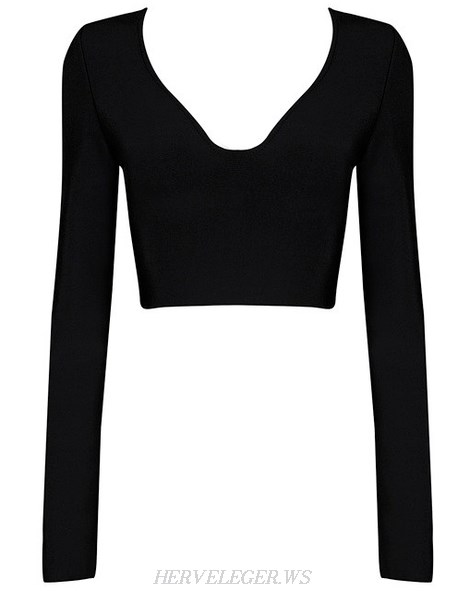Herve Leger Black Long Sleeve Crossback Crop Top