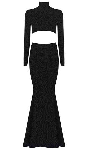 Herve Leger Black Long Sleeve Lace Up Mermaid Evening Dress