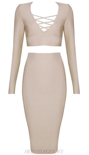Herve Leger Nude Long Sleeve Lace Up Two Piece Dress