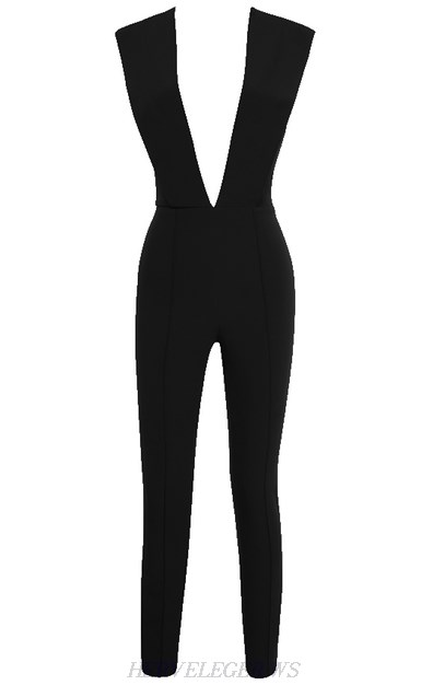Herve Leger Black Plunge V Neck Jumpsuit