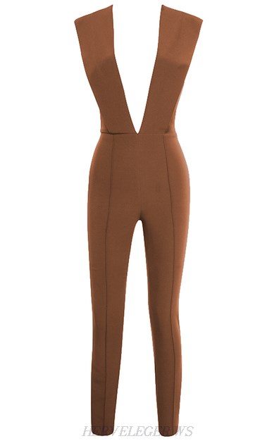 Herve Leger Brown Plunge V Neck Jumpsuit Herve Leger Brown Plunge V Neck Jumpsuit
