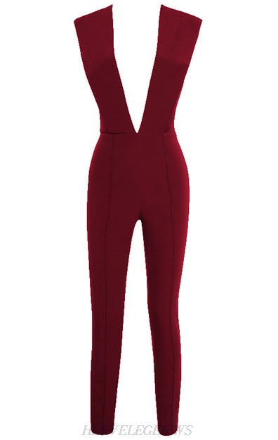 Herve Leger Burgundy Plunge V Neck Jumpsuit Herve Leger Burgundy Plunge V Neck Jumpsuit