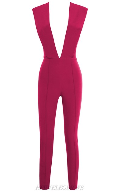 Herve Leger Hot Pink Plunge V Neck Jumpsuit