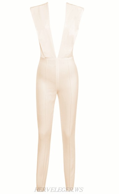 Herve Leger Nude Plunge V Neck Jumpsuit
