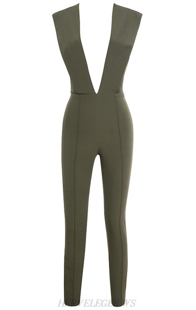 Herve Leger Olive Green Plunge V Neck Jumpsuit