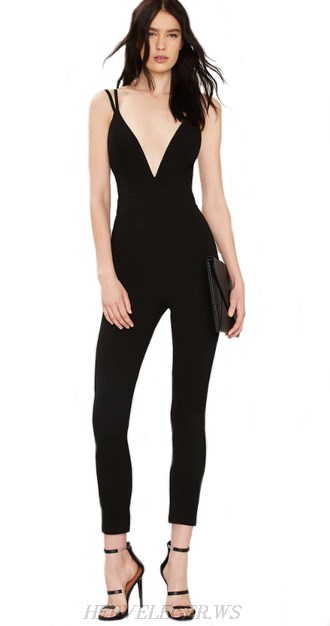 Herve Leger Black Plunging Strappy Jumpsuit