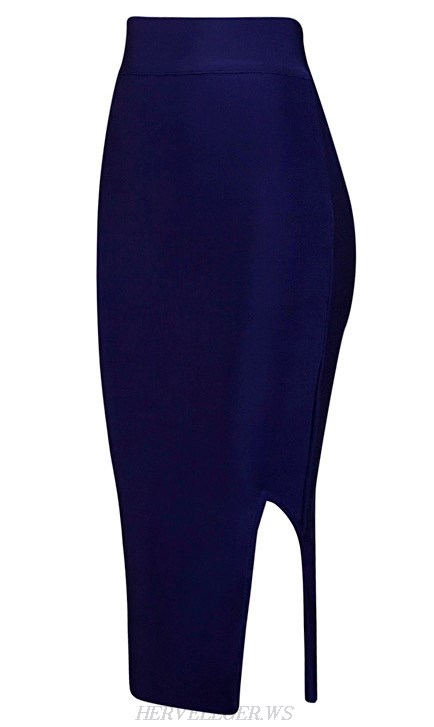Herve Leger Navy Blue Side Slit Skirt