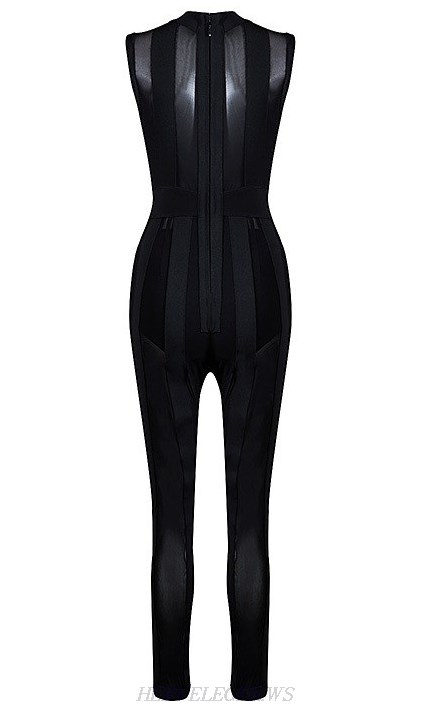 Herve Leger Marlo Hampton Black Mesh Striped Jumpsuit