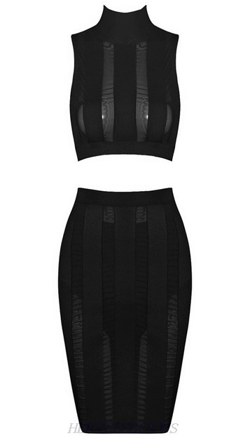 Herve Leger Black Striped Mesh Two Piece Dress