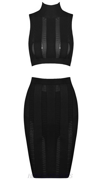 Herve Leger Black Striped Mesh Two Piece Dress