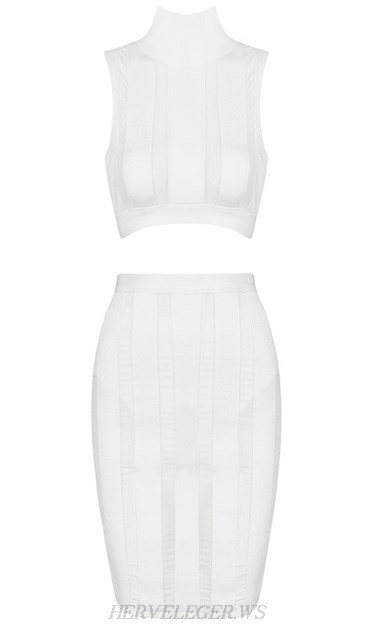 Herve Leger White Striped Mesh Two Piece Dress