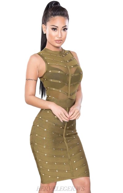 Herve Leger Green Studded Mesh Dress