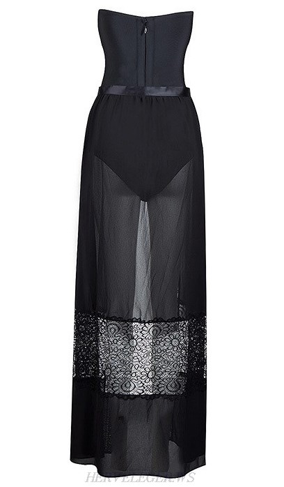Herve Leger Black Strapless Two Piece Bodysuit Mesh Skirt