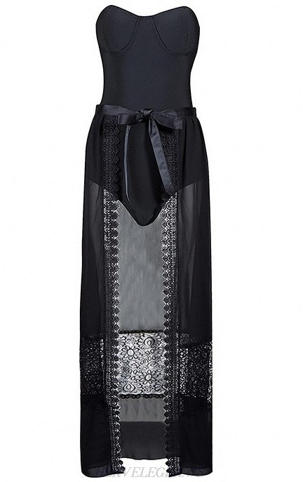 Herve Leger Black Strapless Two Piece Bodysuit Mesh Skirt