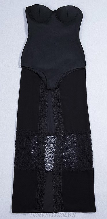 Herve Leger Black Strapless Two Piece Bodysuit Mesh Skirt