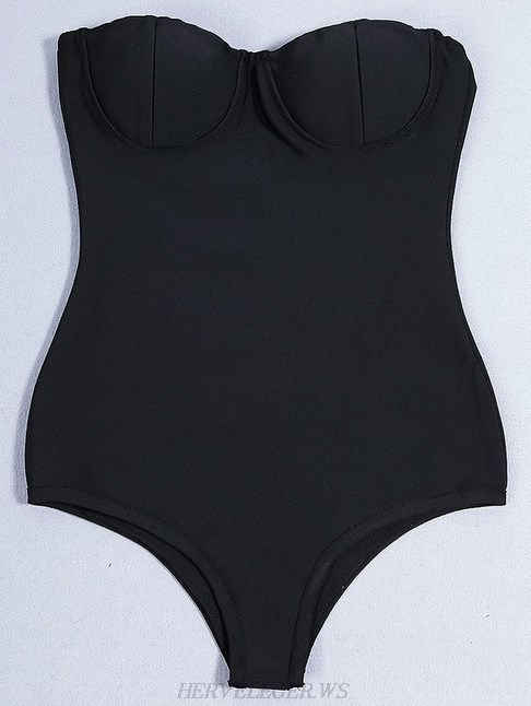 Herve Leger Black Strapless Two Piece Bodysuit Mesh Skirt