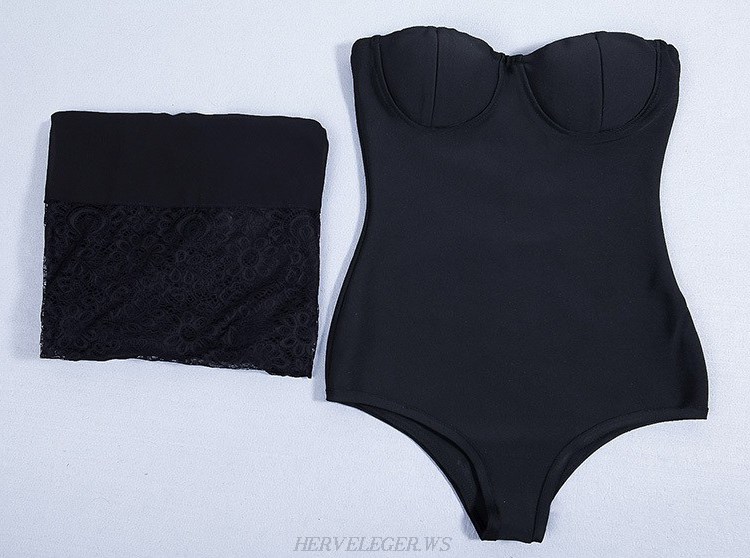 Herve Leger Black Strapless Two Piece Bodysuit Mesh Skirt