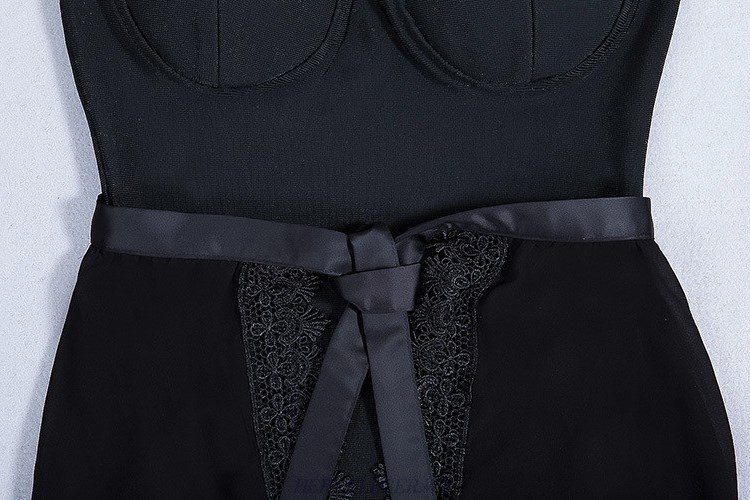 Herve Leger Black Strapless Two Piece Bodysuit Mesh Skirt