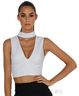 Herve Leger White V Neck Crop Top