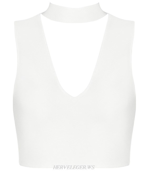 Herve Leger White V Neck Crop Top