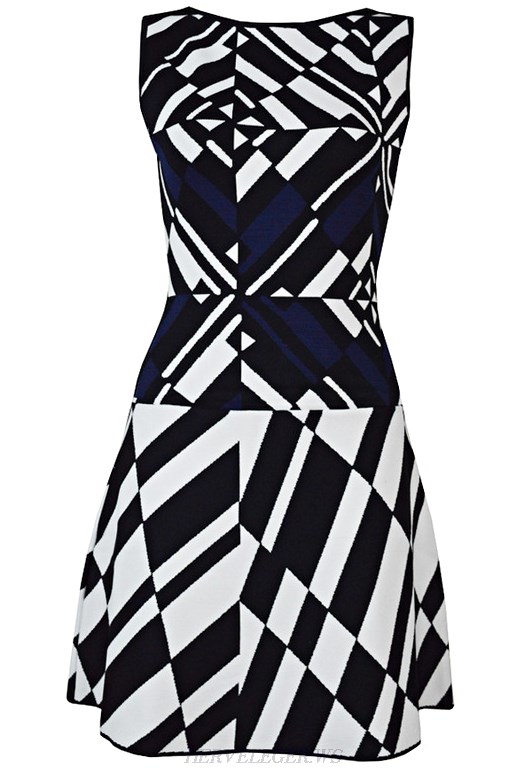 Herve Leger Black And White A Line Geometric Dress