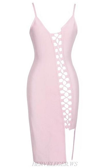 Herve Leger Pink Asymmetrical Lace Up Slit Dress
