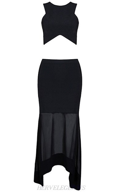 Herve Leger Black Asymmetrical Mesh Two Piece Dress