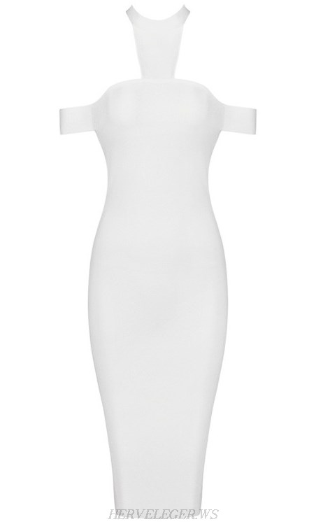 Herve Leger White Bardot Halter Dress