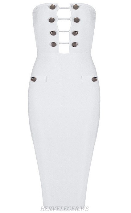 Herve Leger White Button Embellished Bandeau Dress
