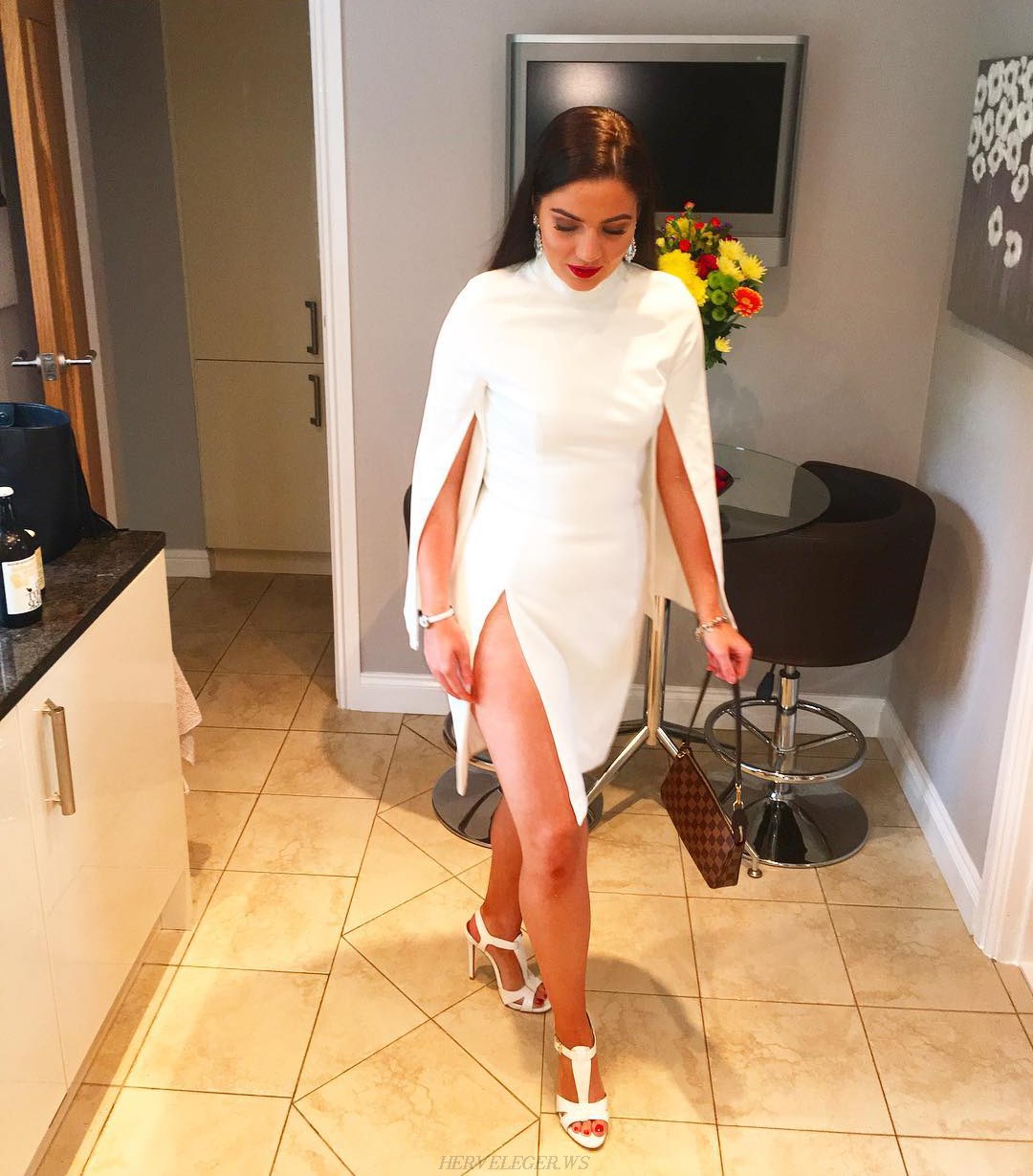 Herve Leger White Cape Sleeve Slit Dress
