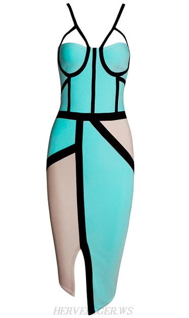 Herve Leger Turquoise And Grey Colorblock Asymmetrical Dress