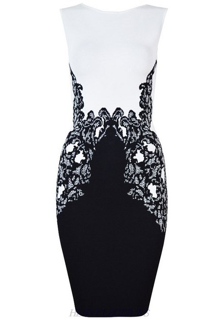 Herve Leger Black And White Crochet Colorblock Dress
