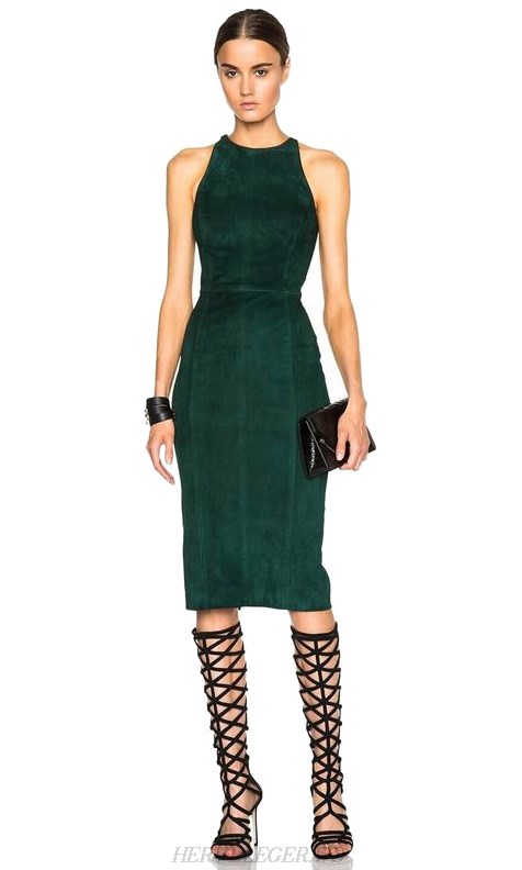 Herve Leger Green Cut Out Back Suedette Dress