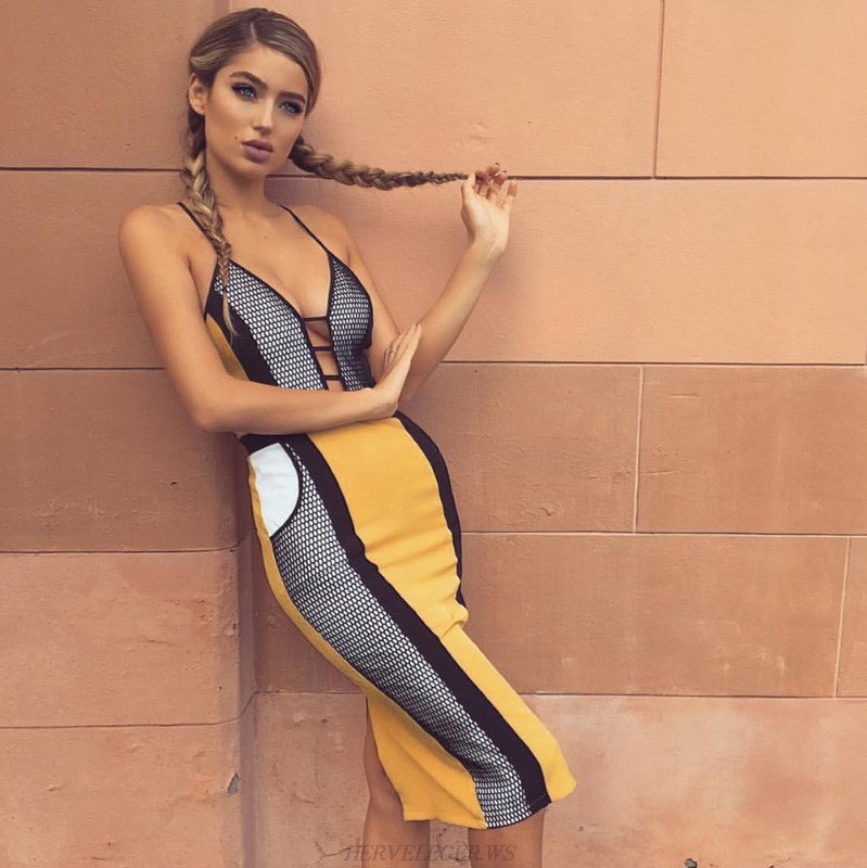 Herve Leger Yellow Cut Out Colorblock Dress