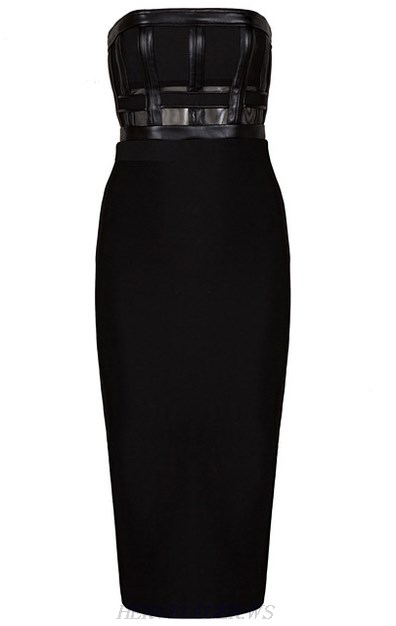 Herve Leger Black Faux Leather Detail Bandeau Dress
