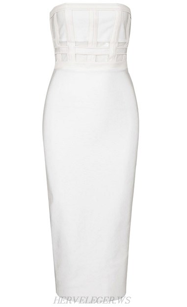 Herve Leger White Faux Leather Detail Bandeau Dress