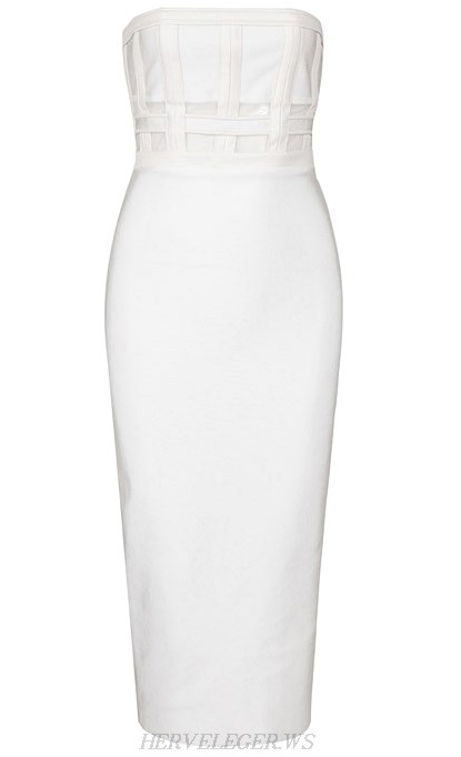 Herve Leger White Faux Leather Detail Bandeau Dress