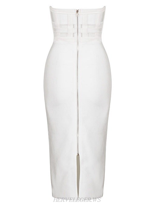 Herve Leger White Faux Leather Detail Bandeau Dress