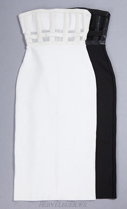 Herve Leger White Faux Leather Detail Bandeau Dress