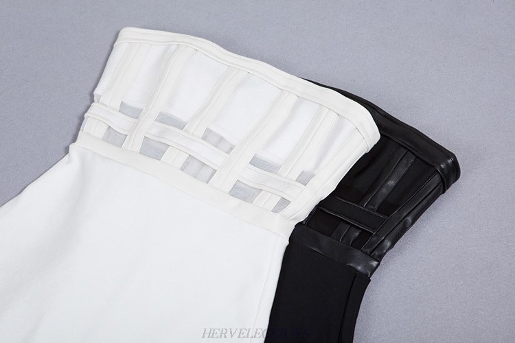 Herve Leger White Faux Leather Detail Bandeau Dress