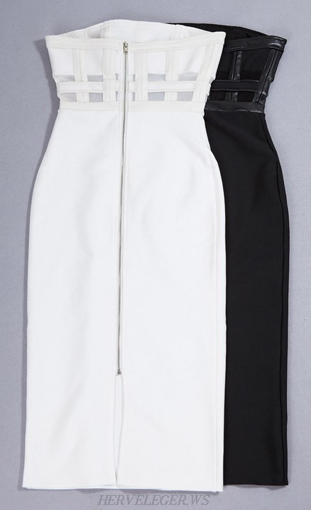 Herve Leger White Faux Leather Detail Bandeau Dress