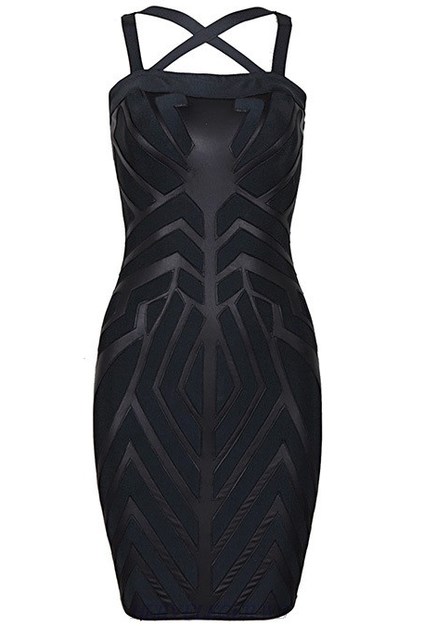 Herve Leger Black Faux Leather Pattern Strappy Dress