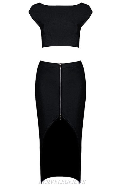 Herve Leger Black Front Zip Slit Two Piece Dress