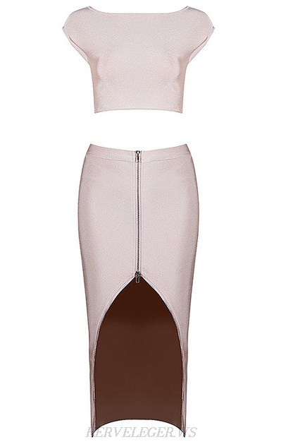 Herve Leger Nude Front Zip Slit Two Piece Dress