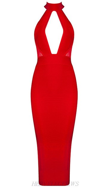 Herve Leger Red Halter Cut Out Detail Dress
