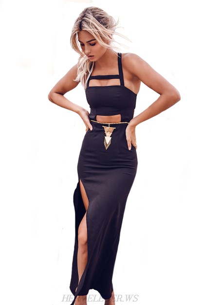 Herve Leger Black Halter Cut Out Slit Dress