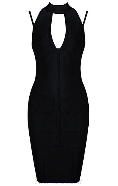 Herve Leger Black Halter Cut Out Straps Dress